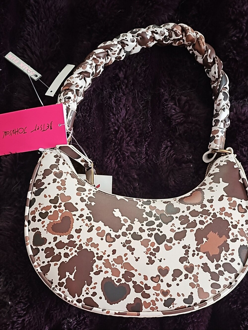 Faux Fur Brown & Cream Heart-Print Shoulder Bag - Picture 2 of 5